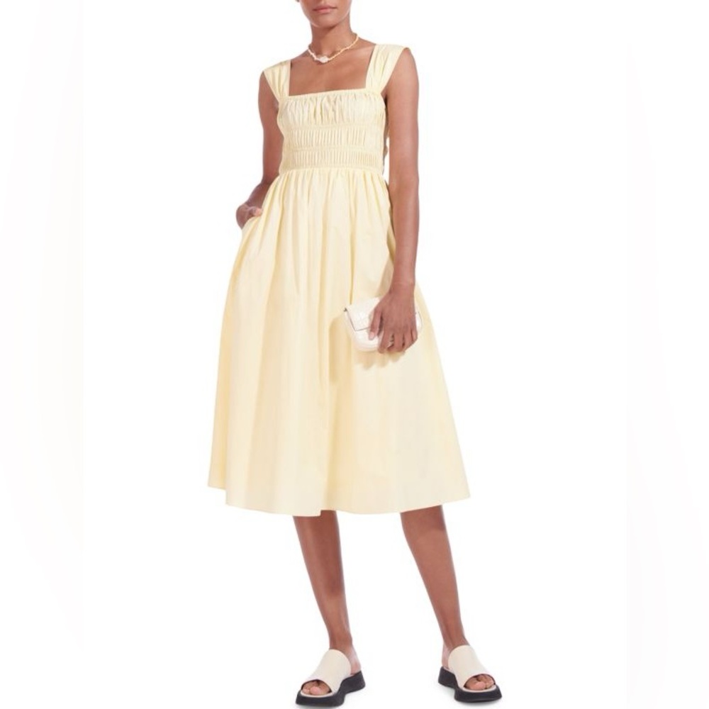 STAUD Ida Smocked Poplin Midi Dress Yellow